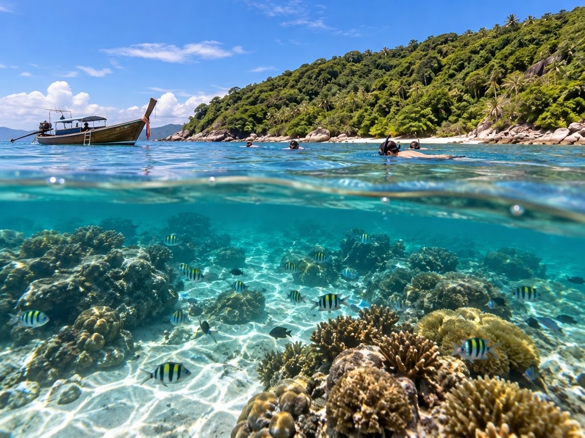 Split-water snorkeling scene